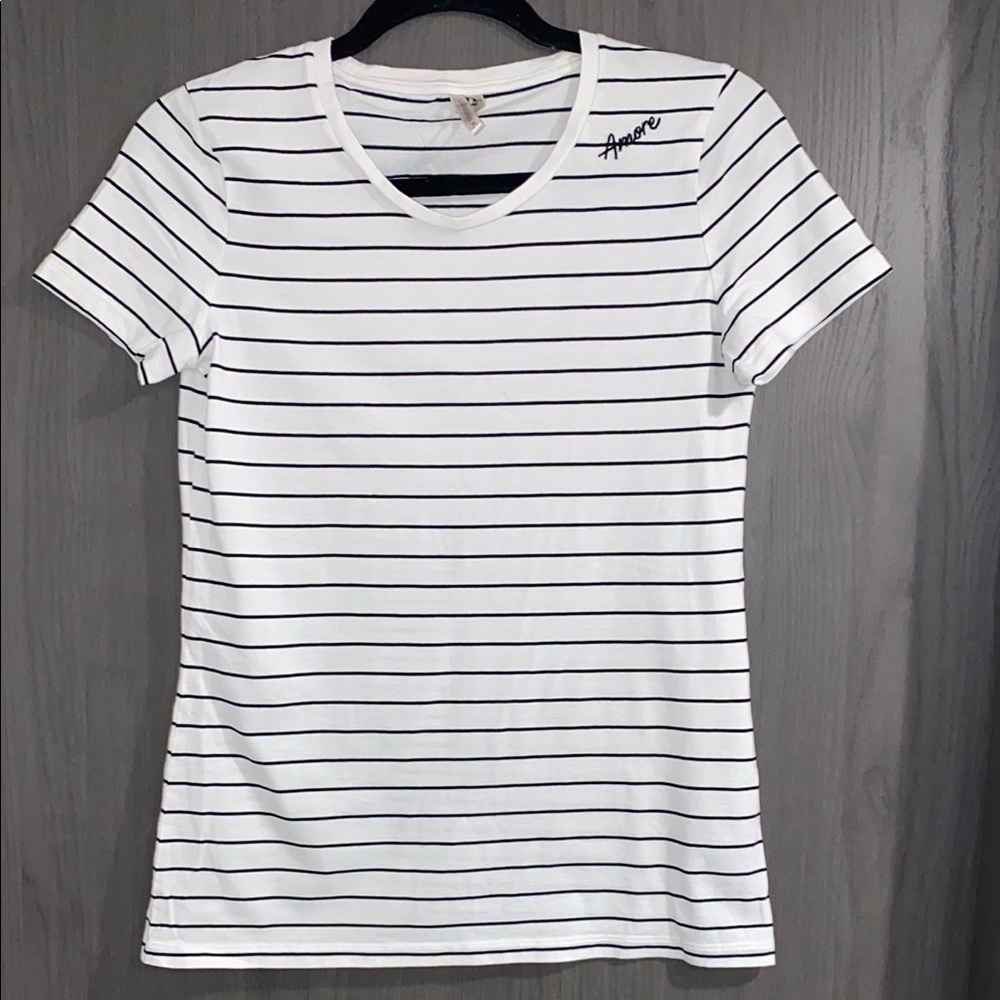 Banana Republic White and Black Striped Tee